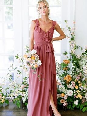 Revelry Valerie Rosewood Chiffon Faux Wrap Ruffle Maxi Dress Gown Size L